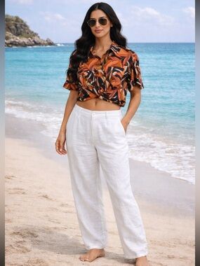 Tropical Women’s shore linen blend button up short sleeve crop vacation top